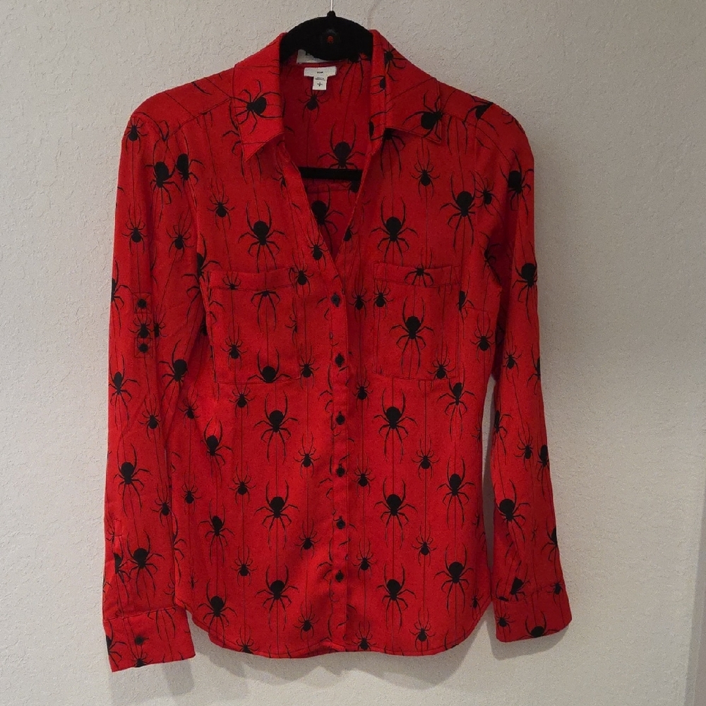 Express Red Button-Down Blouse with Black Spider Print